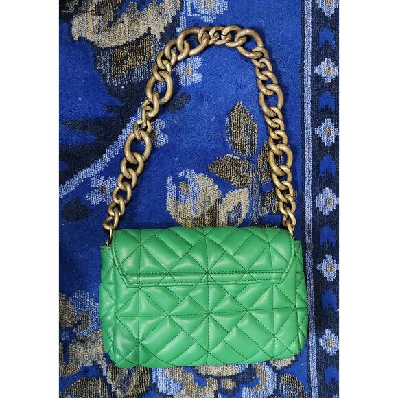 Zara Green Faux Leather Rectangle Medium Size Gold rustic Chain Shoulder Bag - Picture 10 of 11